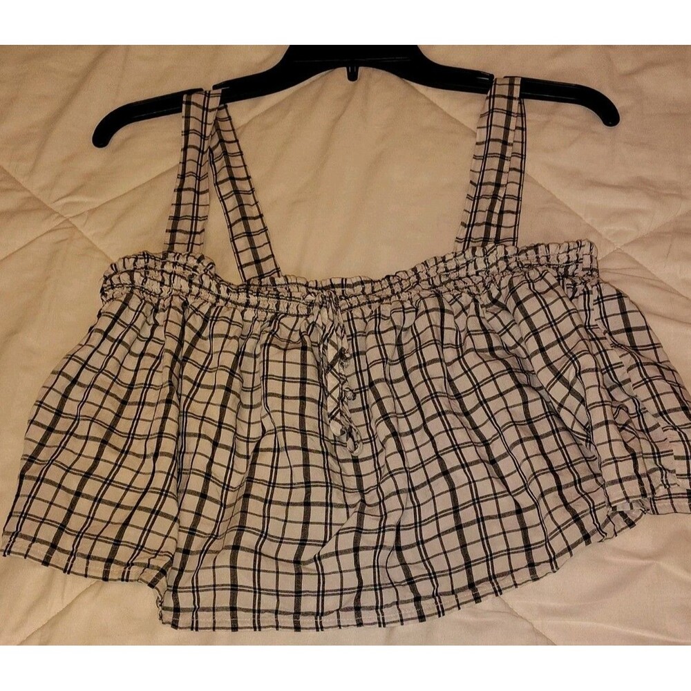 American Eagle Womens Plaid Smocked Crop Tank Top S Peach Ruffle Cottagecore Y2K - Picture 11 of 11